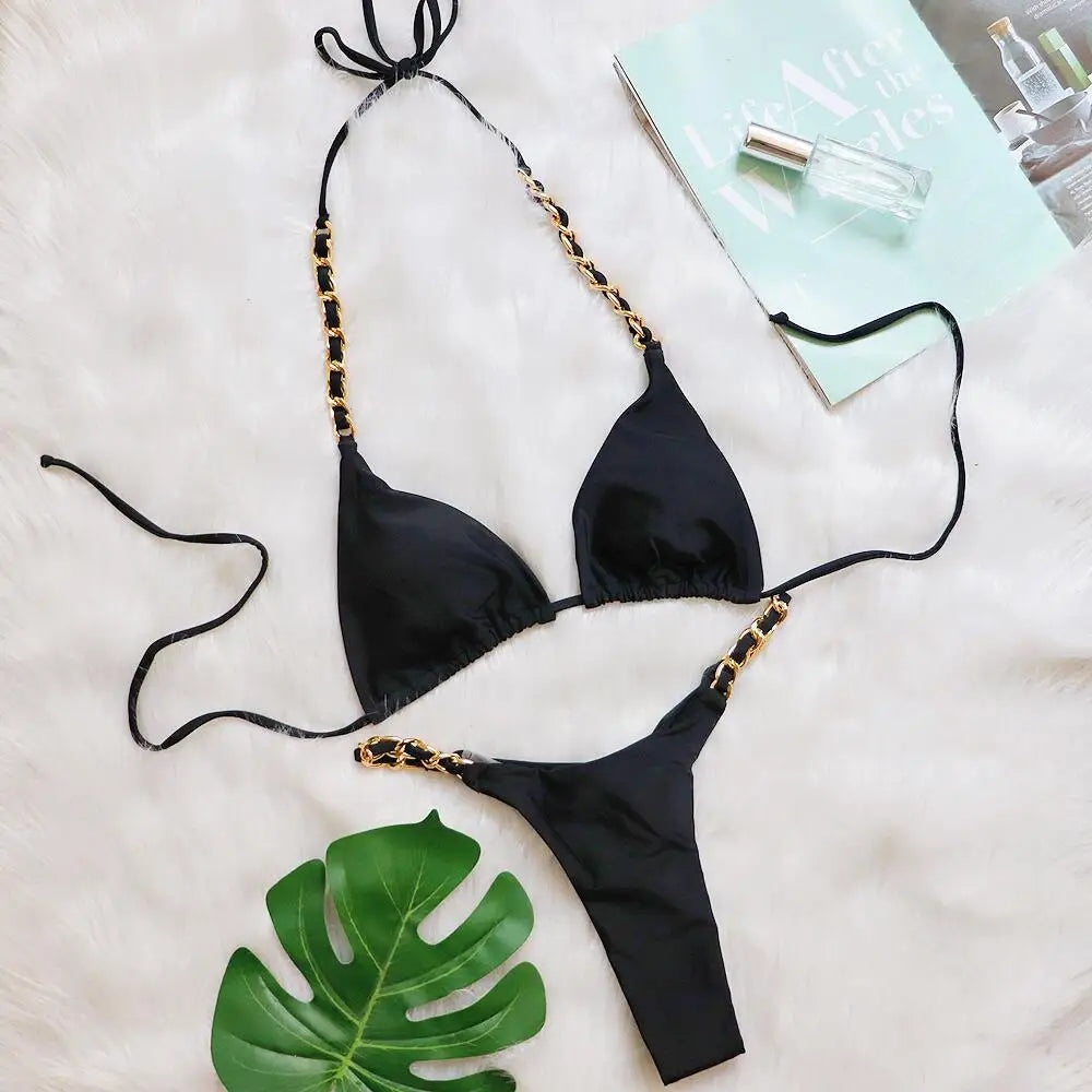 DEKA Brazilian Chain Bikini Set Women's Swimsuit Stylish Solid Thong Swimwear Diamond Separate Beachwear Bathing Suit