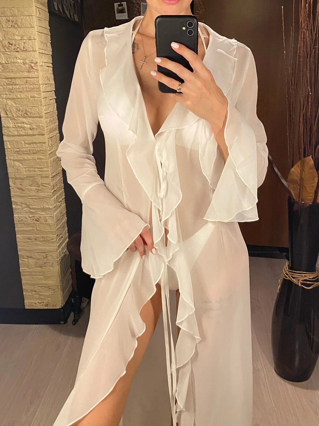 New Sexy V Neck Ruffled Long Sleeve Chiffon Tunic Beach Cover Up Cover-ups Beach Dress Beach Wear Beachwear Female Women V5976