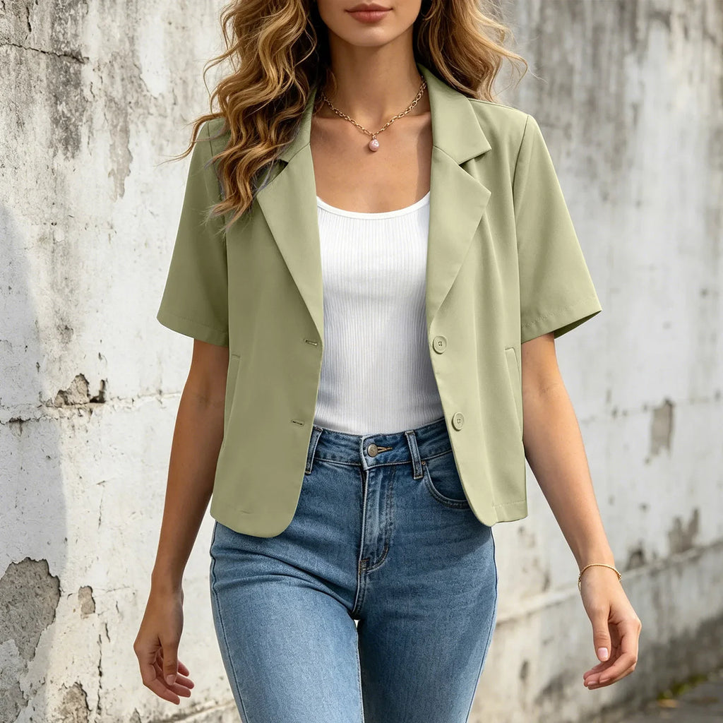 Women Cropped Short Sleeve Blazer Jacket Lapel Collar Buttons Loose Solid Suit Coat Summer Casual Office Outerwear With Pocket