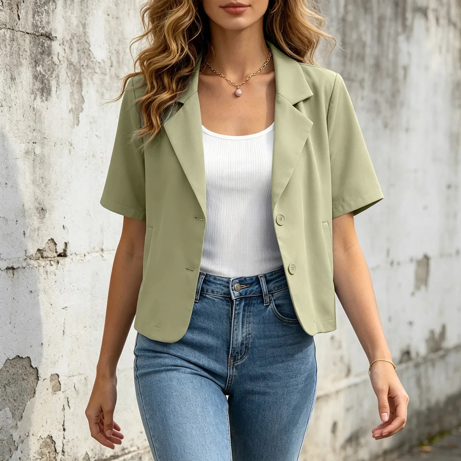 Women Cropped Short Sleeve Blazer Jacket Lapel Collar Buttons Loose Solid Suit Coat Summer Casual Office Outerwear With Pocket
