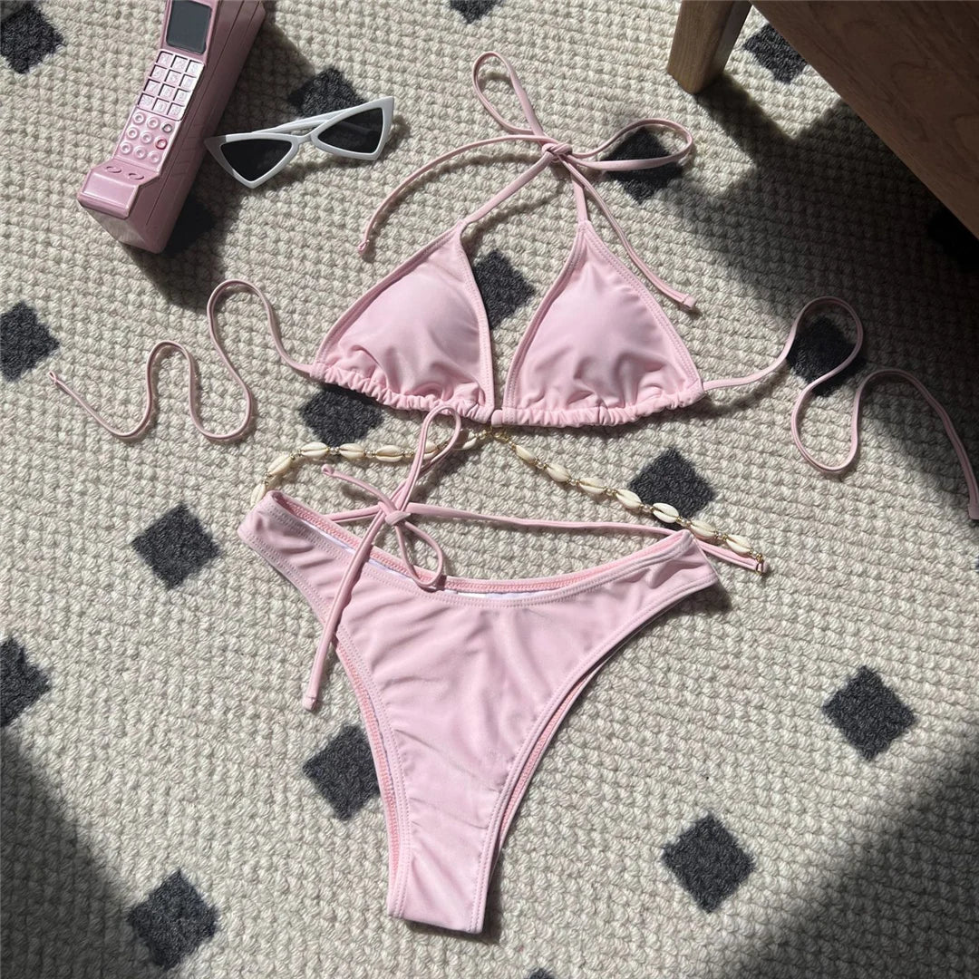 5 Colors Sexy Halter Shell Brazilian Bikini Female Swimsuit Women Swimwear Two-Pieces Bikini Set Bather Bathing Suit Swim V5469