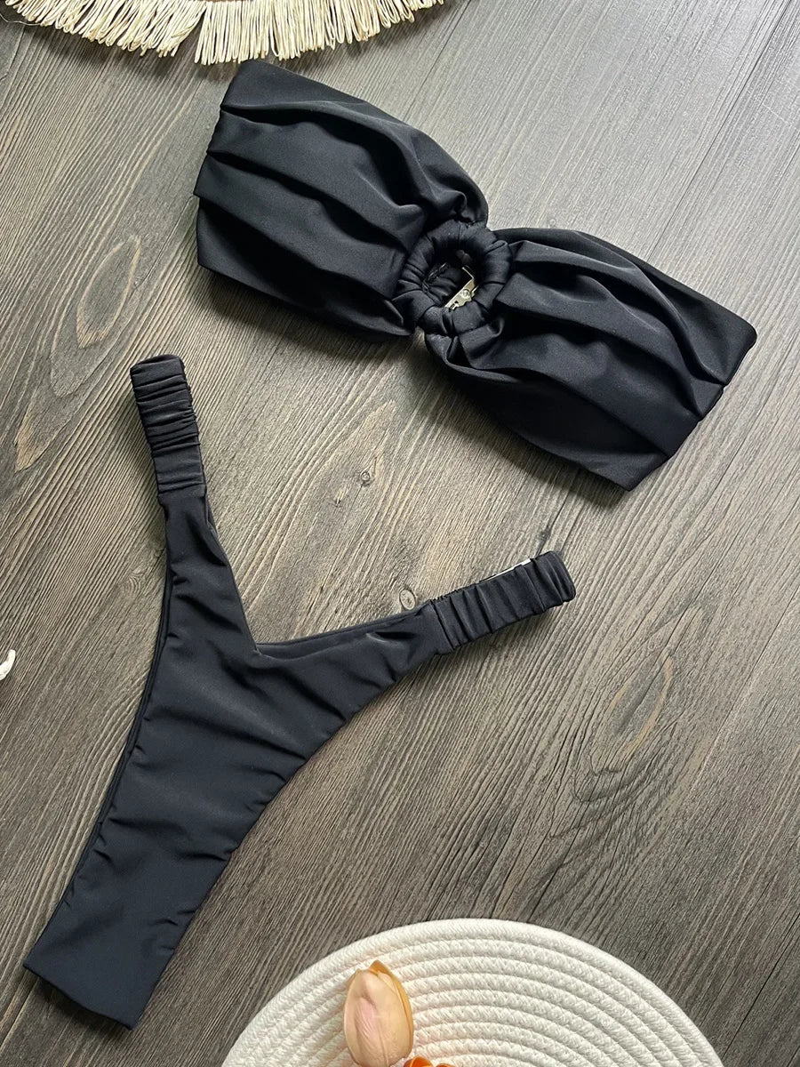 Wrinkled Bandeau High Cut Mini Thong Bikini Female Swimsuit Women Swimwear Two-pieces Bikini Set Bather Bathing Suit Swim Lady