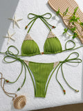 Sexy Blue Knitted Patchwork Bikini Set Women Halter Push Up Bra Bandage Thong Swimsuit Summer Bathing Suit Pool Swimwear 2026