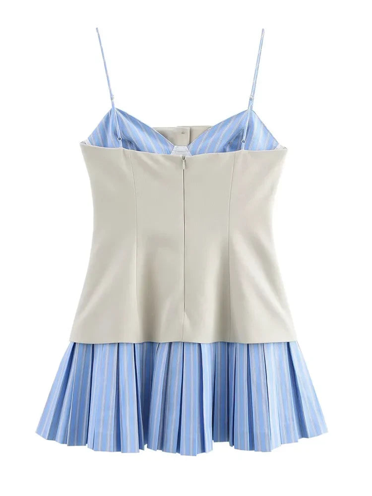 Foridol Striped Pleated Short Summer Dress Women Buttons Decor Spaghetti Strap V Neck Bodycon Mini Spring Beach Vestidos New In