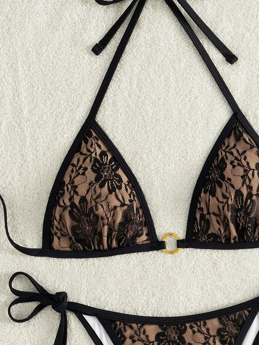 Embroidery Mesh Lace Halter High Cut Bikini Female Swimsuit Women Swimwear Two-pieces Bikini Set Bather Bathing Suit Swim Beach