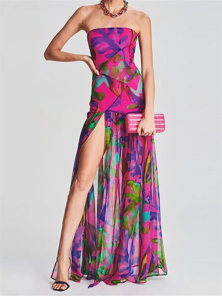 Women’s Tube Top Dress Bohemian Printed Strapless Mesh High Slit Long Dress Summer Evening Party Beach Sexy Club Dresses Summer