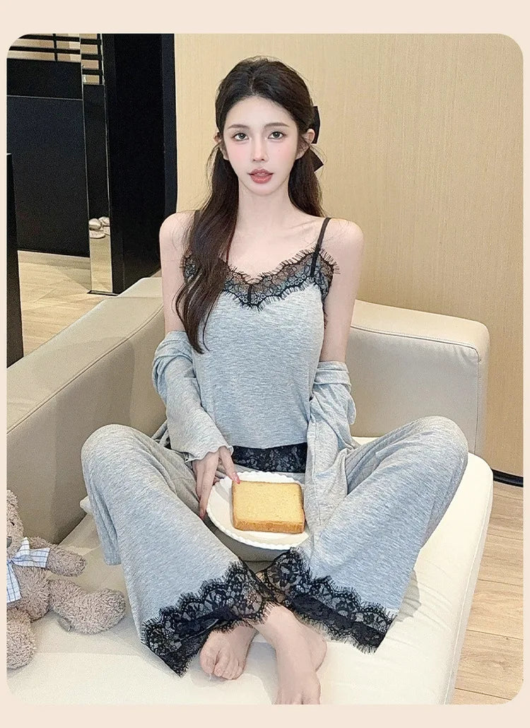 spring and summer modal pajamas women's suspender pajamas three-piece set pure lust style high-end home wear with chest pad set