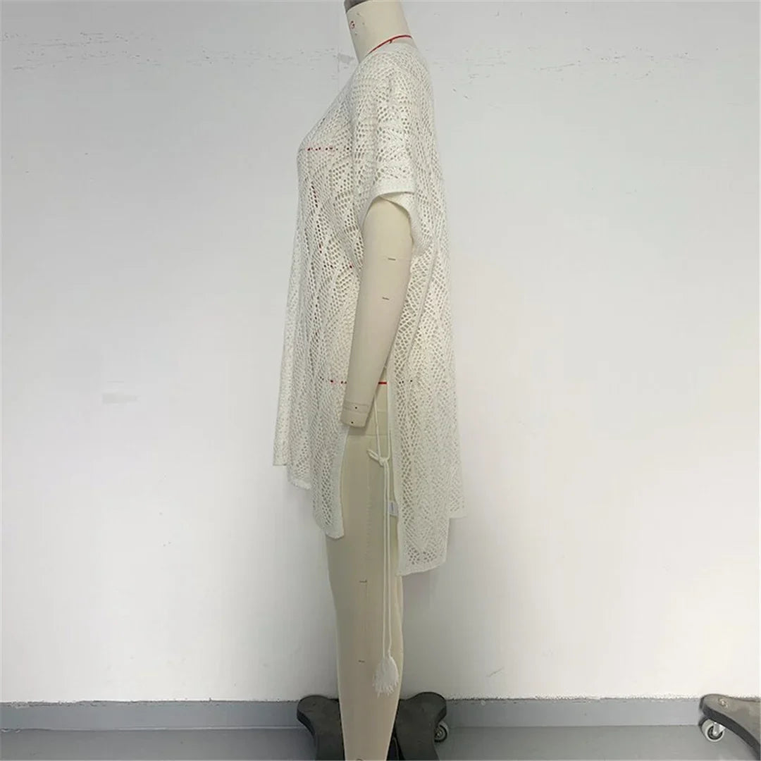 Sexy Short Sleeve Hollow Out Crochet Knitted Tunic Beach Cover Up Cover-ups Beach Dress Beach Wear Beachwear Female Women K6686