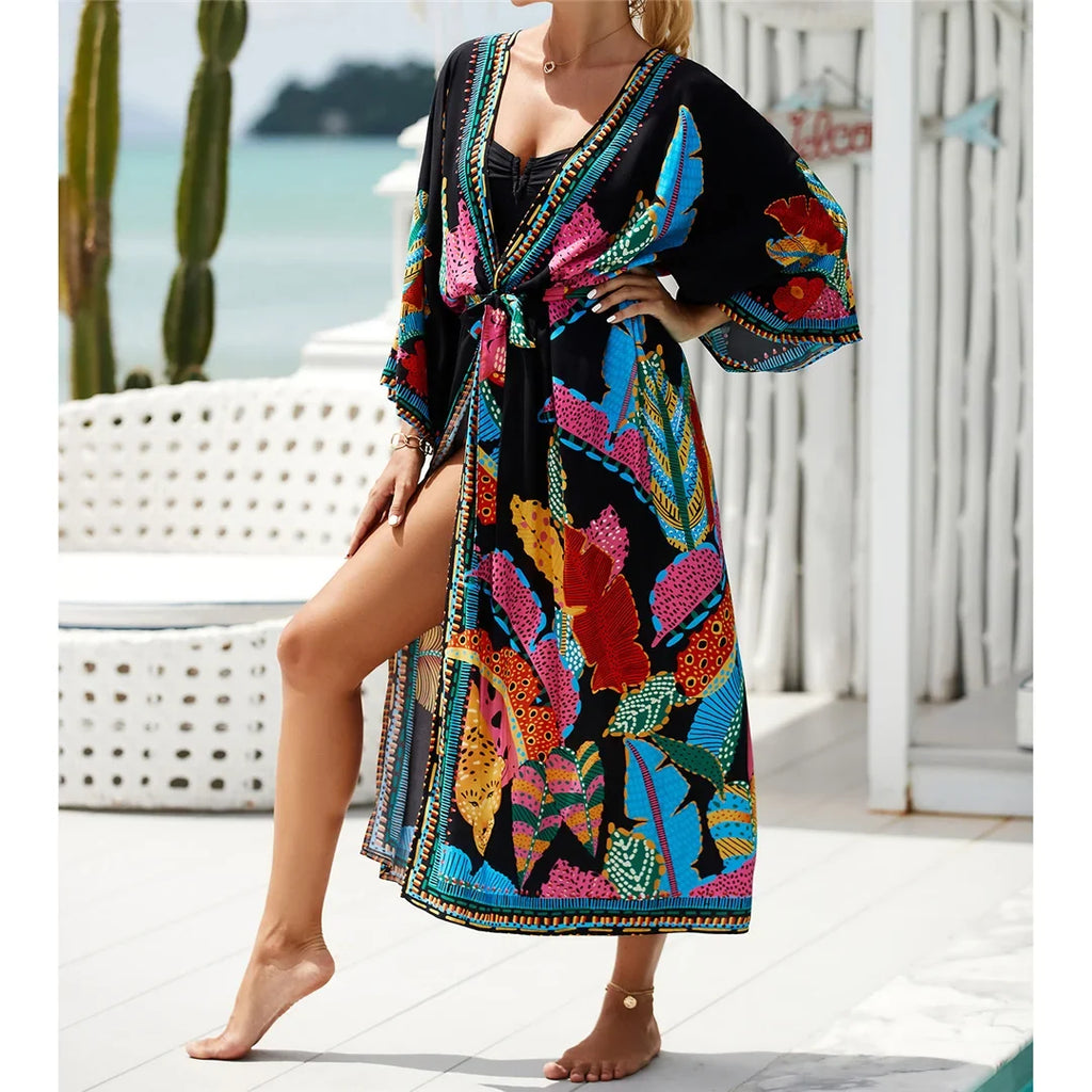 13 Colors Printed With Belt Crochet Knitted Tunic Beach Dress Beach Wear Beachwear Beach Cover Up Cover-upsFemale Women V7201