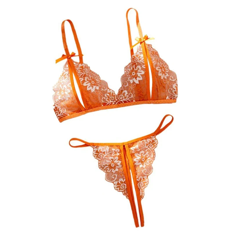 Orange Lace Contrast Set For Women Bra Thongs Sets Summer Female Underwear Matching Suit