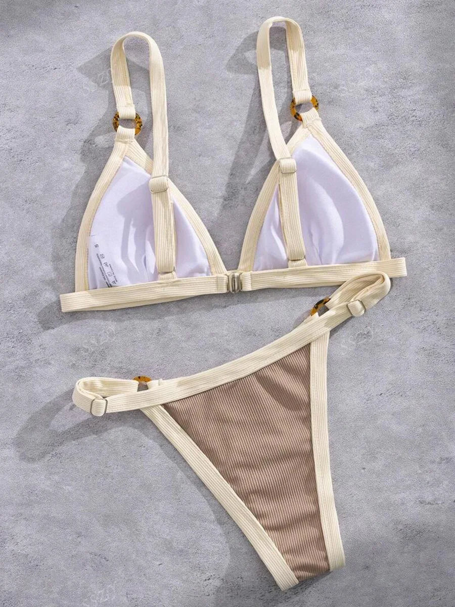 Splicing Ribbed High Cut Rings Bikini Women Swimsuit Female Swimwear Two-pieces Bikini Set Bather Bathing Suit Swim Beachwear