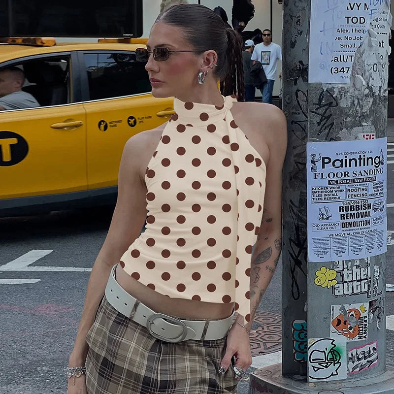 FDYOUI Elegant Bandage Off Shoulder Polka Dot Tank Tops for Women 2026 Summer Sleeveless Crop Top T-shirt Female Slim Corset