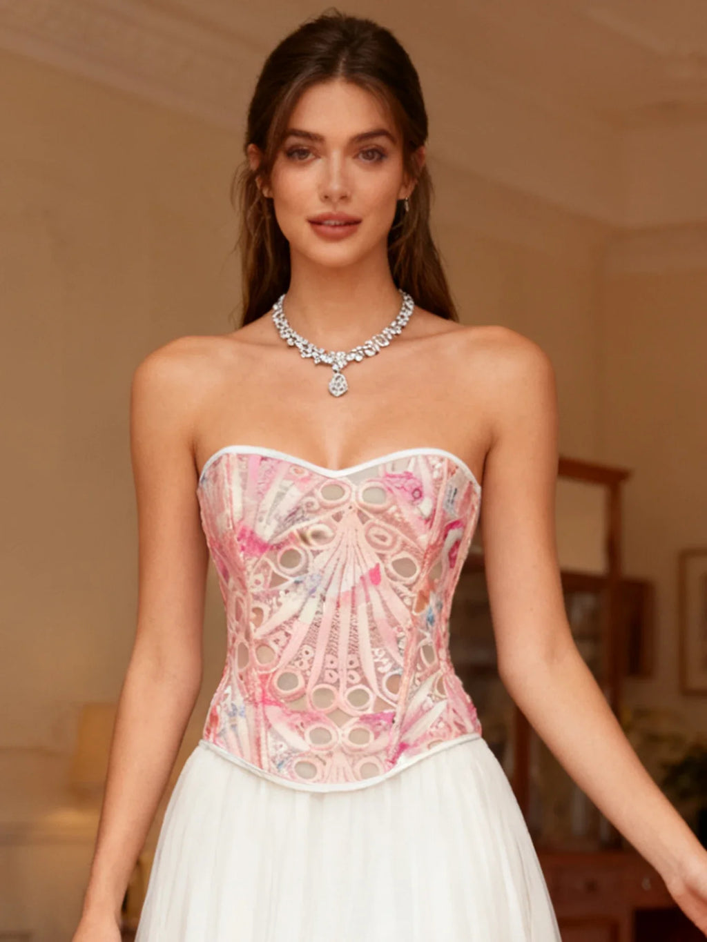 Women’s Tie-Dye Lace Boned Bustier, Sexy Strapless Corset Top, Hollow-out Breathable Slimming Shapewear