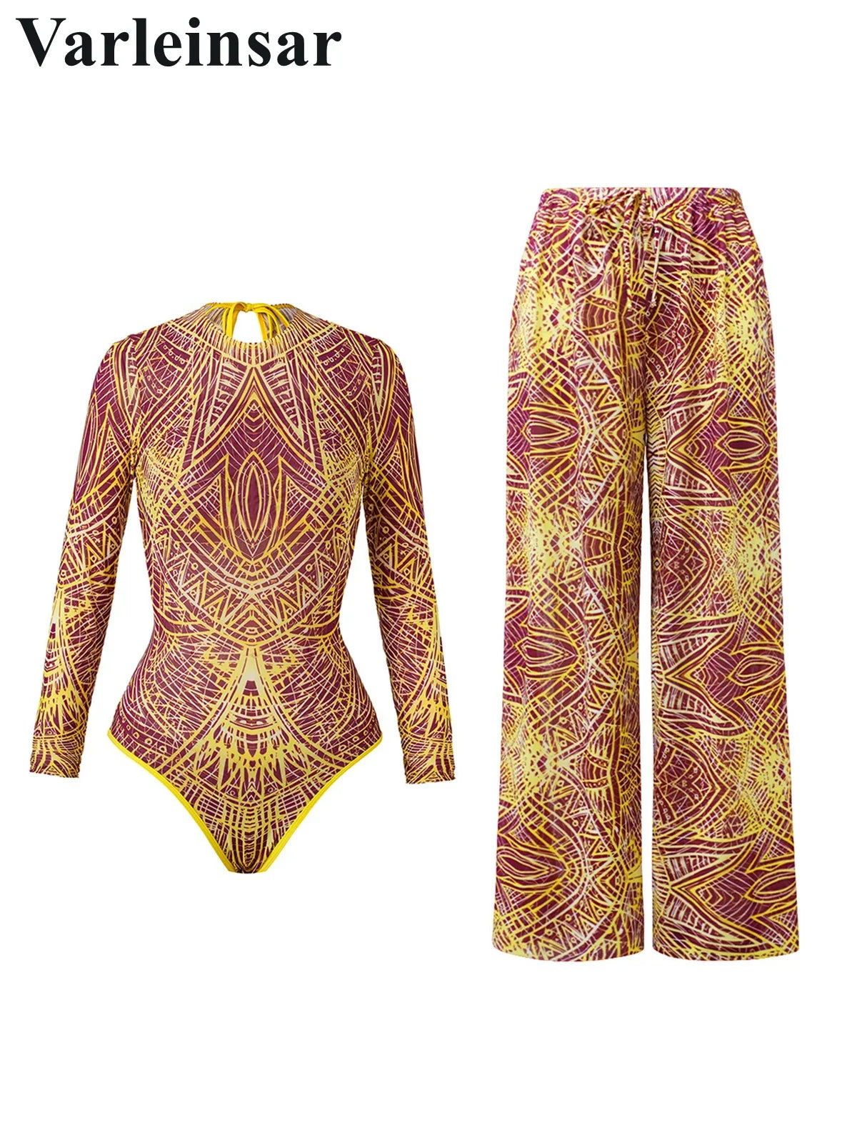 S - XL New Flower Printed Floral Long Sleeve With Pants One Piece Swimsuit Women Swimwear Female Bather Bathing Suit Swim V7099