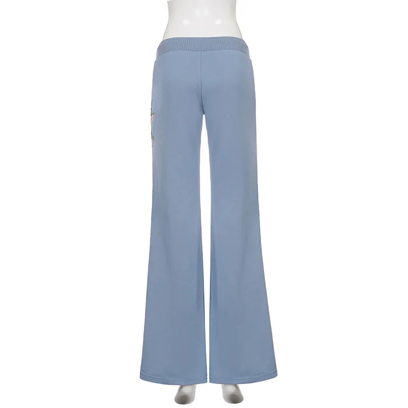 Retro rose letter print low-waist drawstring flared trousers, slim fit and versatile casual trousers