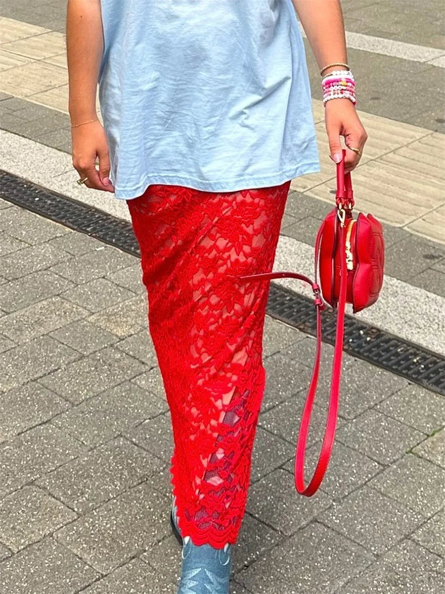 Women's Summer Lace Long Skirts Elegant Low Waist Solid Color See-Through Midi Skirts Slim Fit Skirts