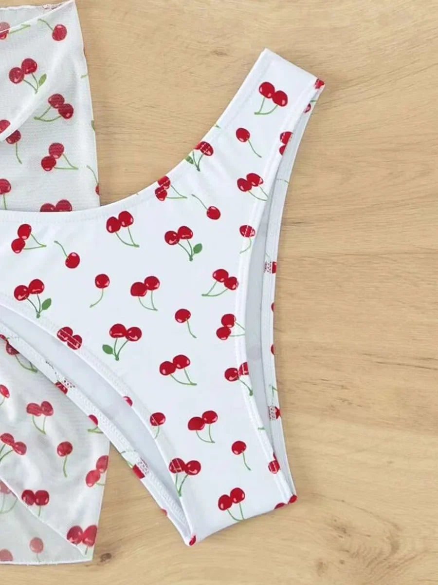 With Mesh Skirt Cherry Printed Bikini Female Swimsuit Women Swimwear Three Pieces Bikini Set Halter Bathing Suit Swim Beachwear