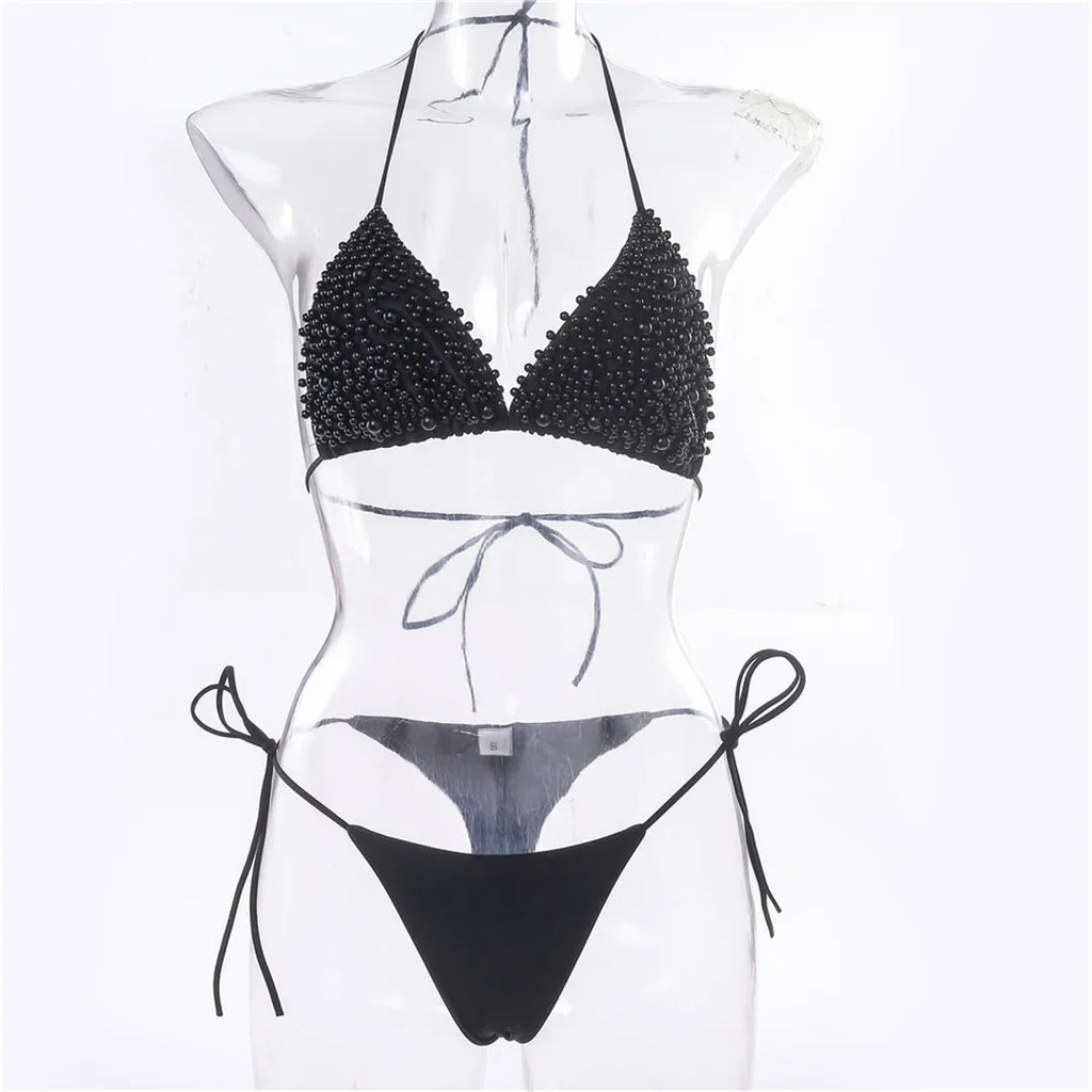 Halter Luxury Pearl Bikini Mini Micro Bikinis Female Swimsuit Women Swimwear Two-pieces Bikini Set Bather Bathing Suit Swim Lady