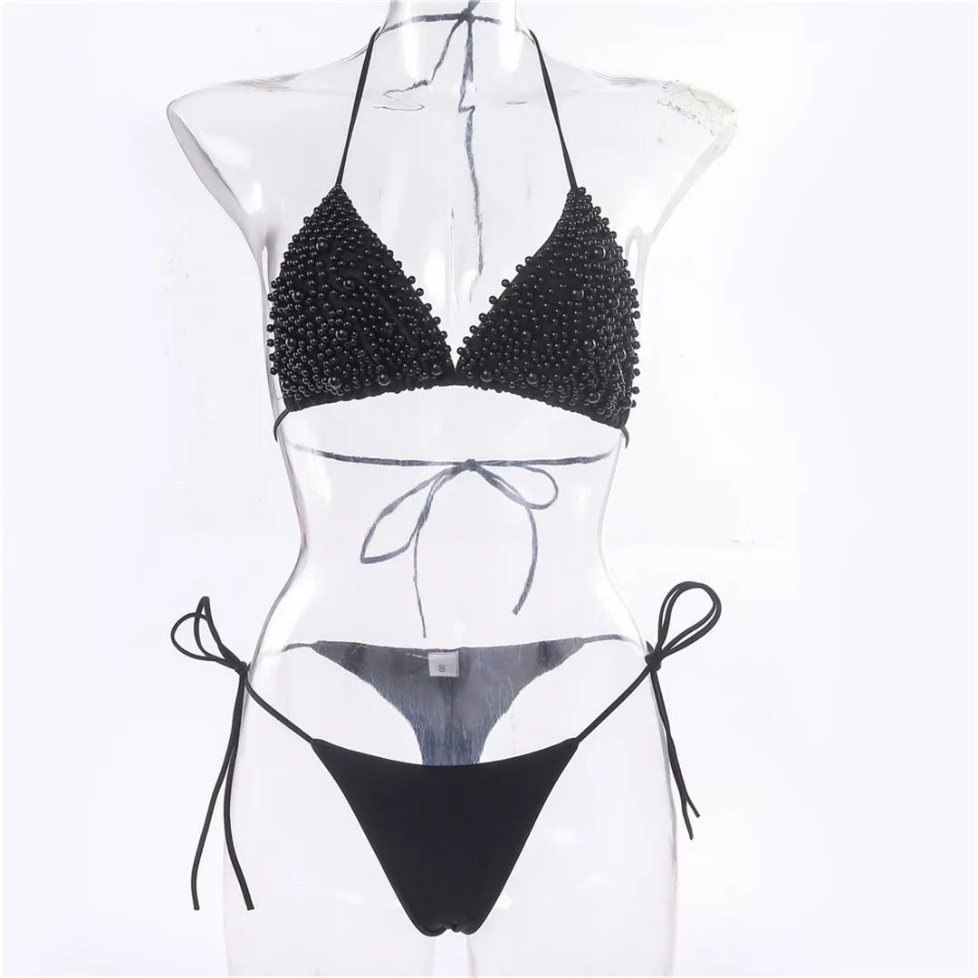 Halter Luxury Pearl Bikini Mini Micro Bikinis Female Swimsuit Women Swimwear Two-pieces Bikini Set Bather Bathing Suit Swim Lady