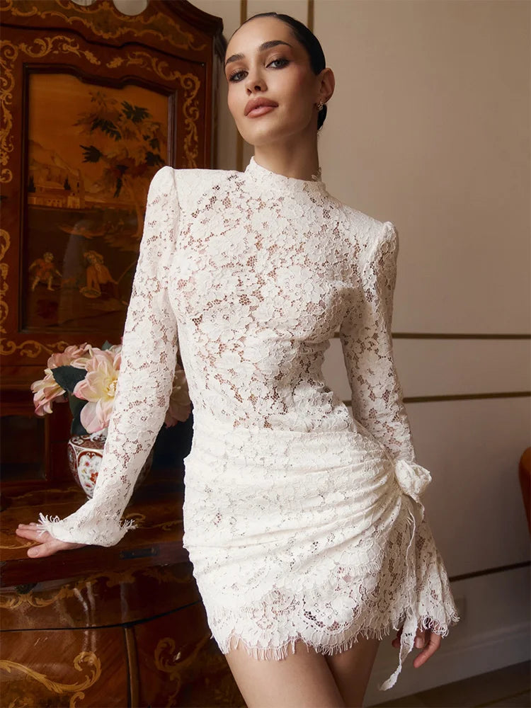 Ahagaga Fashion Lace Mini Dresses Elegant High Neck Solid Slim Long Sleeve Bodycon Party Clubwear Streetwear Woman Vestidos Robe