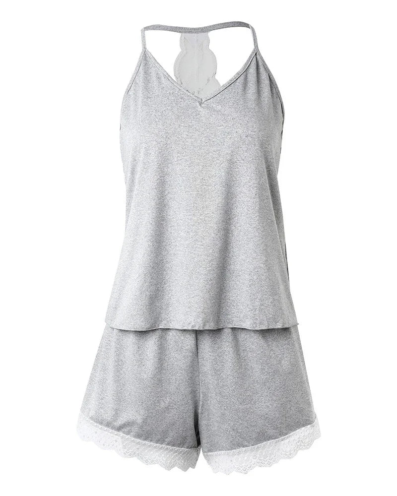 Summer Crochet Lace 2 Pieces Pajamas Set for Women Sleepwear Sleeveless V-Neck Tops and Shorts Casual Suit