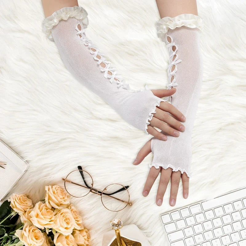 Women Y2K Arm Warmers Bow Hollow Out Fingerless Gloves Lolita Elbow Frill Length Sleeves Cuffs Covers