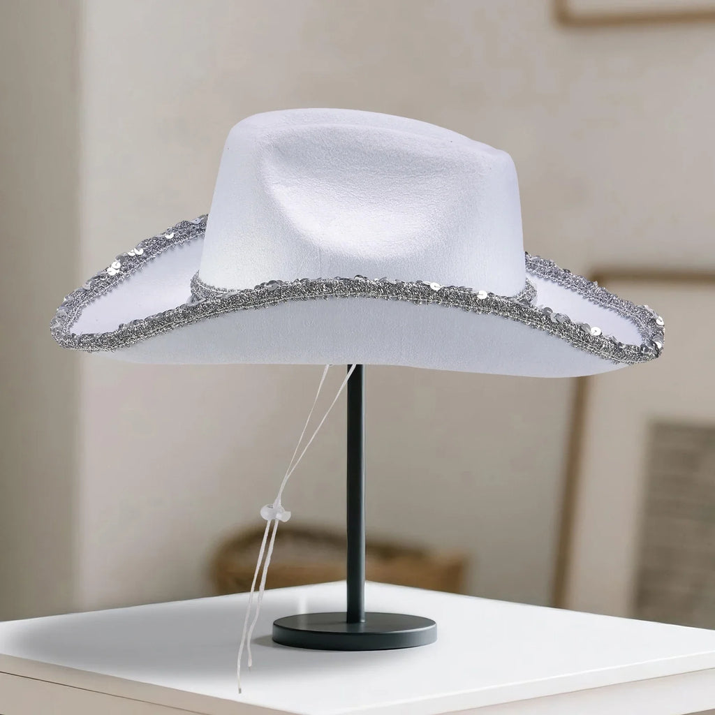 Women Shiny Sequined Wide Brim Cowboy Hat Western Style Sun Cap for Club Party