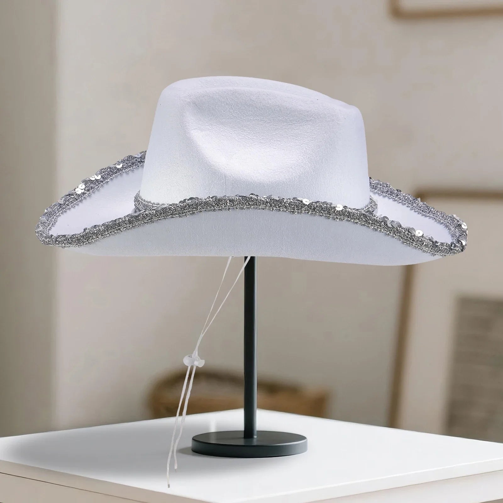 Women Shiny Sequined Wide Brim Cowboy Hat Western Style Sun Cap for Club Party
