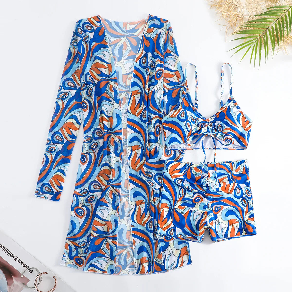 New Sexy 3 Pieces Suit for Women Neck Hanging Bikini Set+Cover-up Swimwear Sunproof Tankini High Waist Shorts Swimsuit Beachwear