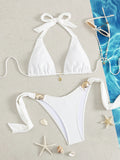 Sexy White Bikini 2026 Mujer Women Metal Shell Bandage Thong Swimsuit Summer Push Up Bra Beach Bathing Suit Holiday Swimwear