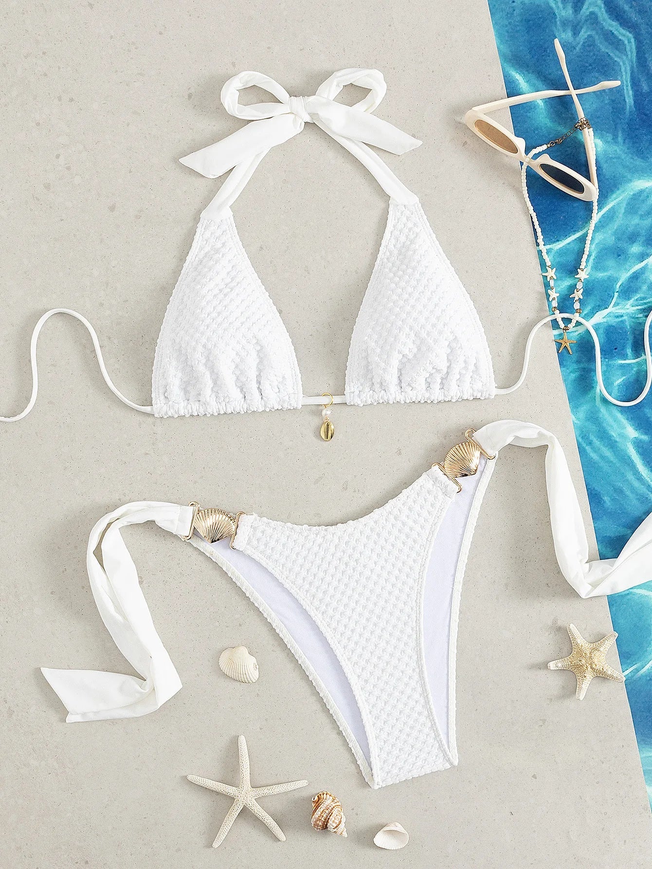 Sexy White Bikini 2026 Mujer Women Metal Shell Bandage Thong Swimsuit Summer Push Up Bra Beach Bathing Suit Holiday Swimwear