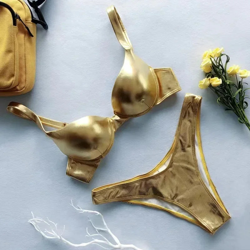 Sexy Metallic Push Up Micro Bikinis Sets Padded Bra Bathing Suit Beach Wear Women Sexy Thong Bikini Reflective Shinny Swimsuits