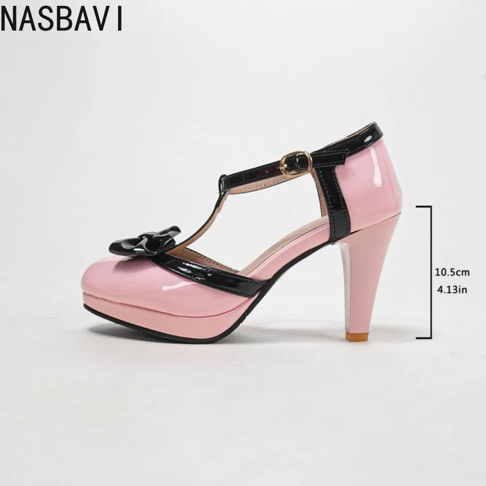 Women's Ankle T Strap 10.5cm High Heels Sandals High Heel Pumps Women Platform with Bow Party Wedding Shoes Chaussures De Femme