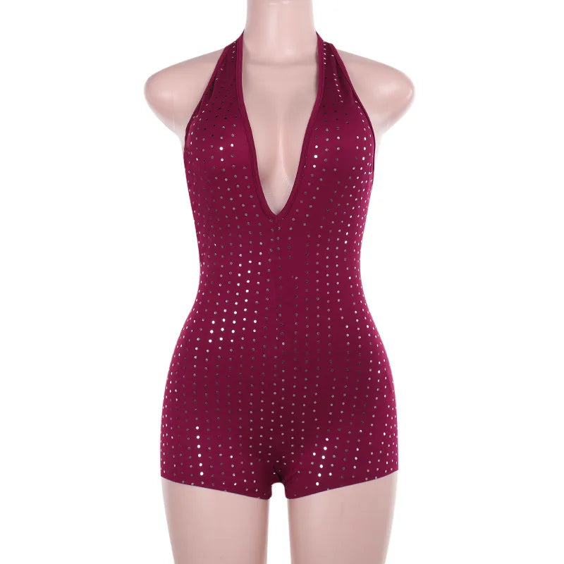 Sexy Halter Backless Rompers Short Jumpsuit Wine Red Black Deep V-neck Backless Lace-up Rhinestones Playsuit Female Bodysuit