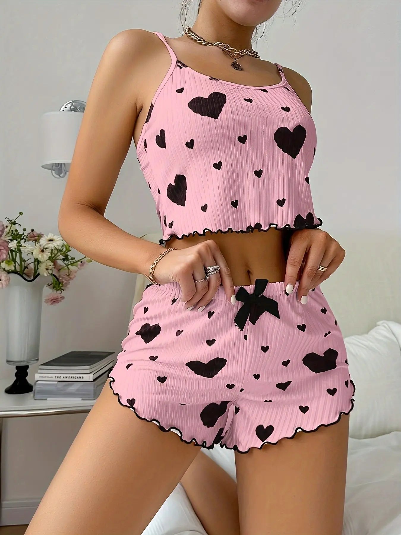 Summer Casual Sleepwear Heart Printed Pajama Set for Women Backless Crop Cami Top and Shorts Set Lounge Pijamas