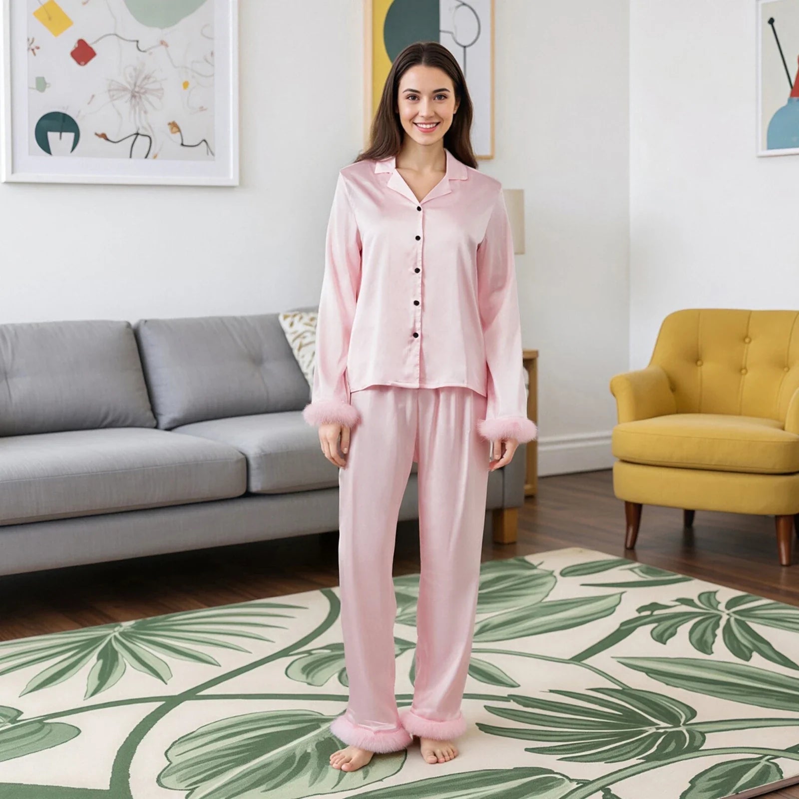 Women Satin Fall 2 Piece Pajama Set Fuzzy Trim Long Sleeve Button-up Tops and Elastic Waist Pants Casual Sleepwear Outfit