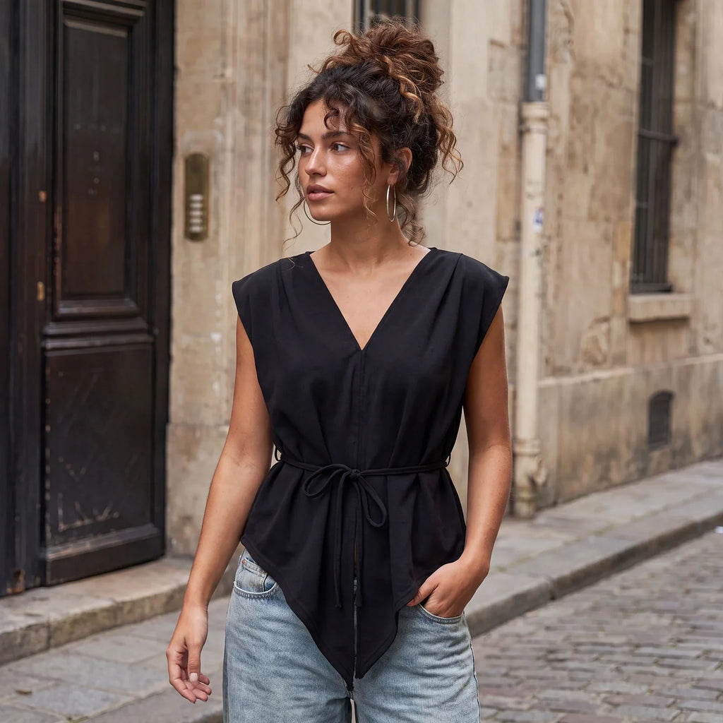 Fashion Women Sleeveless Blouse Waist Tie-ups V Neck Loose Fit Irregular Tops Club Party Street Shirts Summer Solid Color