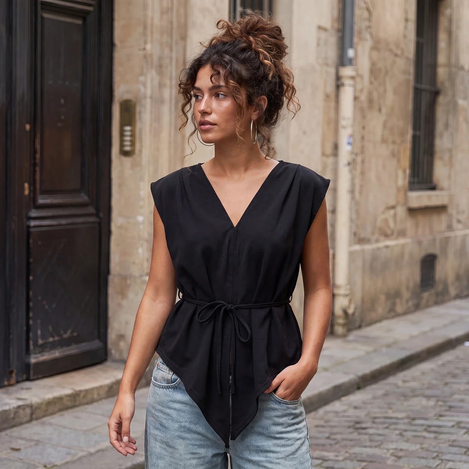 Fashion Women Sleeveless Blouse Waist Tie-ups V Neck Loose Fit Irregular Tops Club Party Street Shirts Summer Solid Color