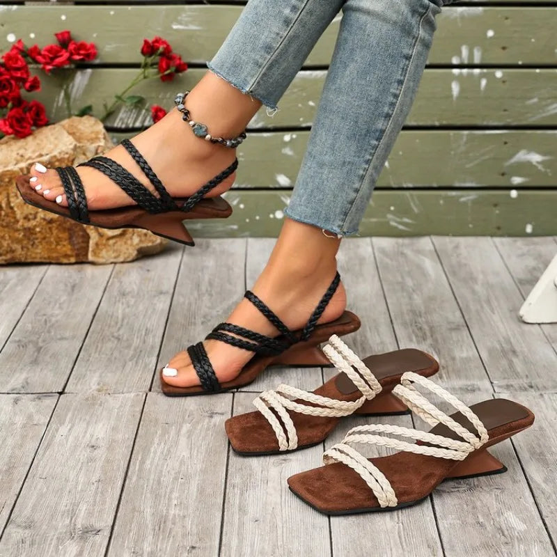 2026  Women's Fashion High Heels Sandals Square Toe Wedge Heeled Dress Shoes Woman Comfort Slip on Thin Strap Sandals