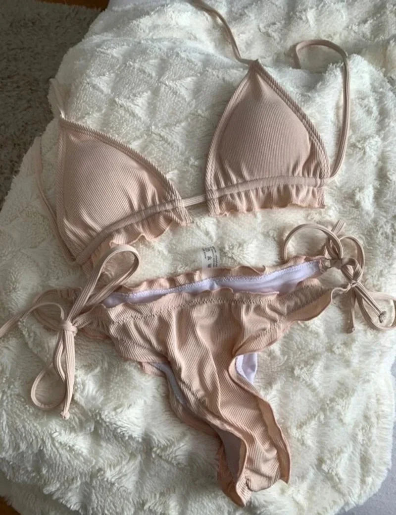 Ribbed Ruffled Frilled Brazilian Bikini Women Swimsuit Female Swimwear Two Pieces Bikini Set Halter String Bathing Suit Swim