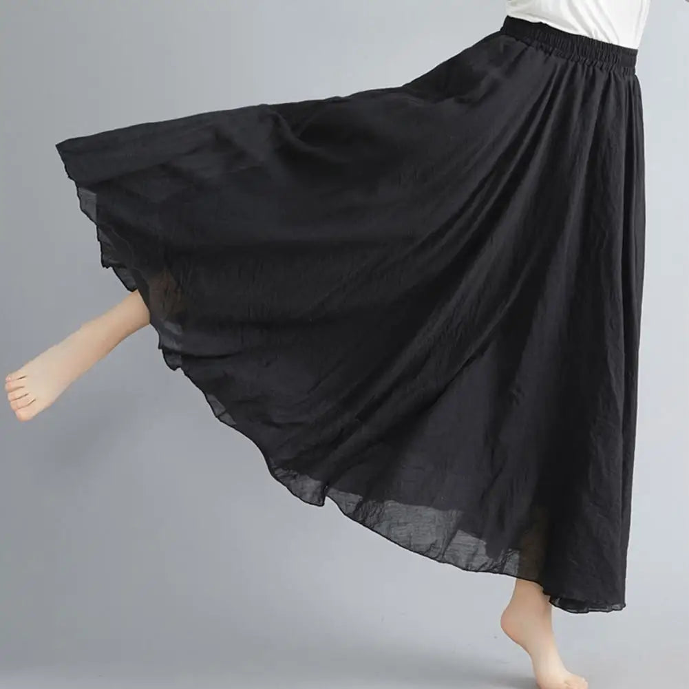 Maxi Skirt Double Layer Women Skirt A-Line Loose Fit Elastic Waist Solid Color Design Flowy Skirt Spring Summer Casual Wear