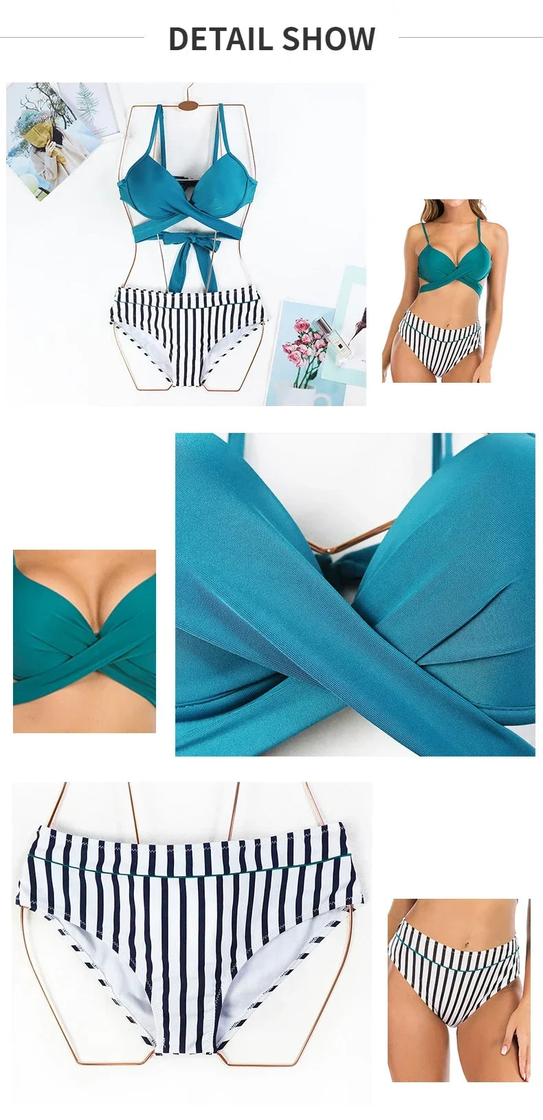 3 Colors Sexy Bikini Women Push Up Swimwear Swimsuit Striped Leaves Print Cross Straps Bowknot Backless High Waist Bikinis Set