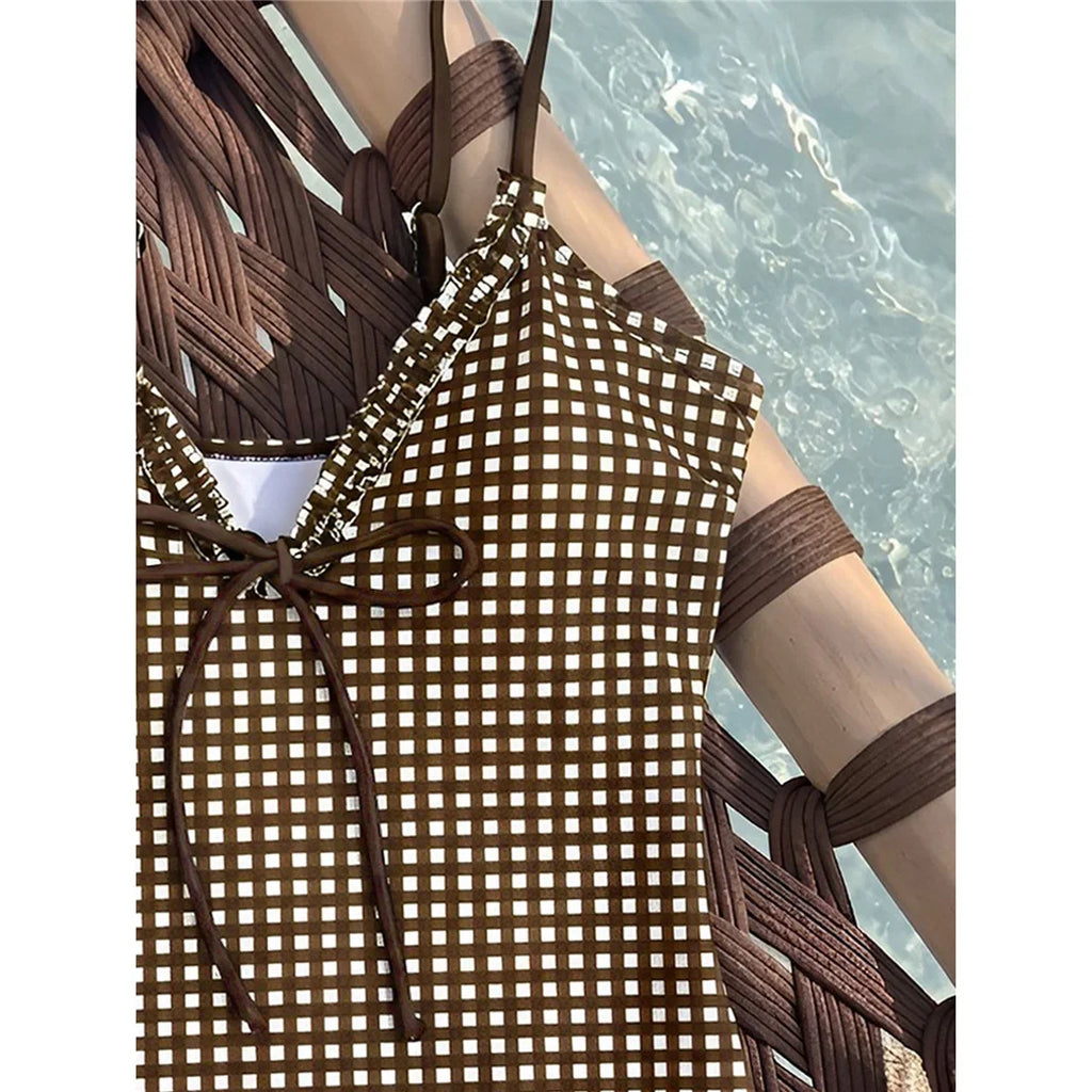 S - XL Striped Plaid V Neck Women Swimwear One Piece Swimsuit Female Frilled High Leg Cut Padded Bather Bathing Suit Swim V8288