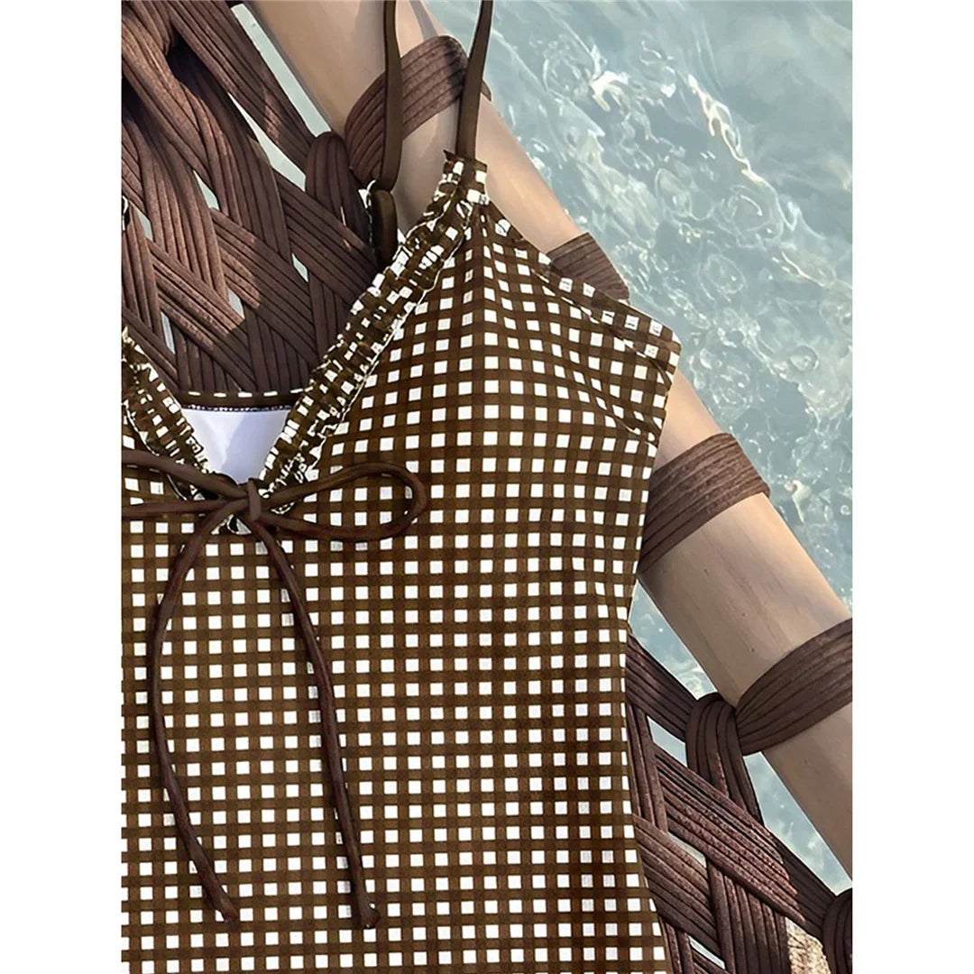 S - XL Striped Plaid V Neck Women Swimwear One Piece Swimsuit Female Frilled High Leg Cut Padded Bather Bathing Suit Swim V8288