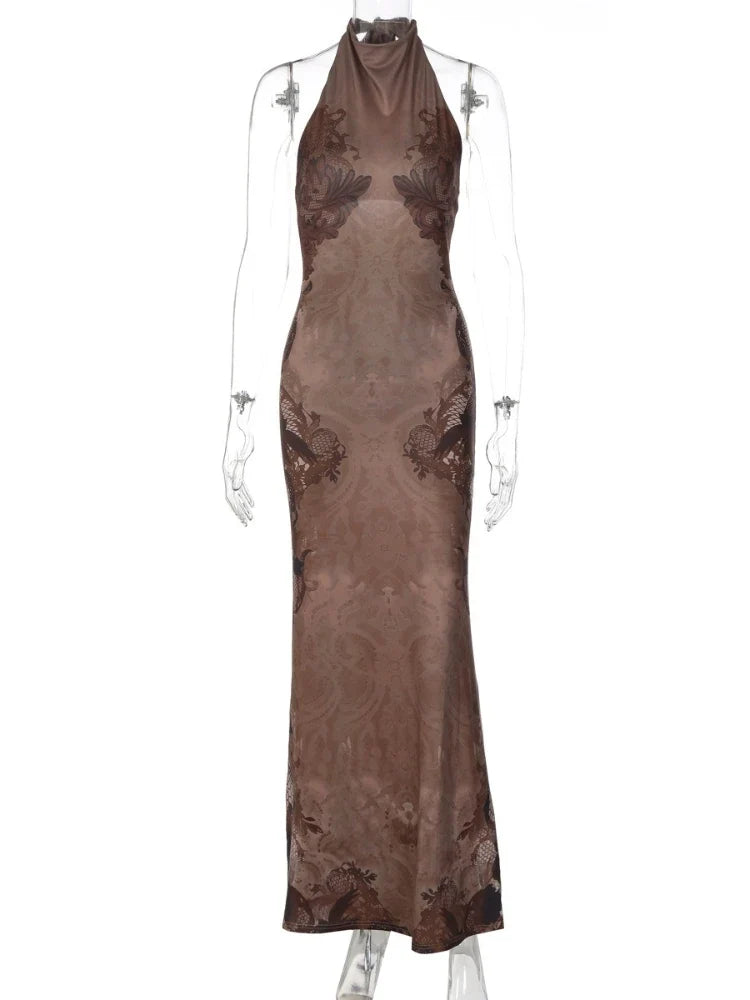 FDYOUI Women Vintage Halter Printed Long Party Club Dresses 2026 Summer Ladies Sexy Backless Lace-up Bodycon Evening Prom Dress