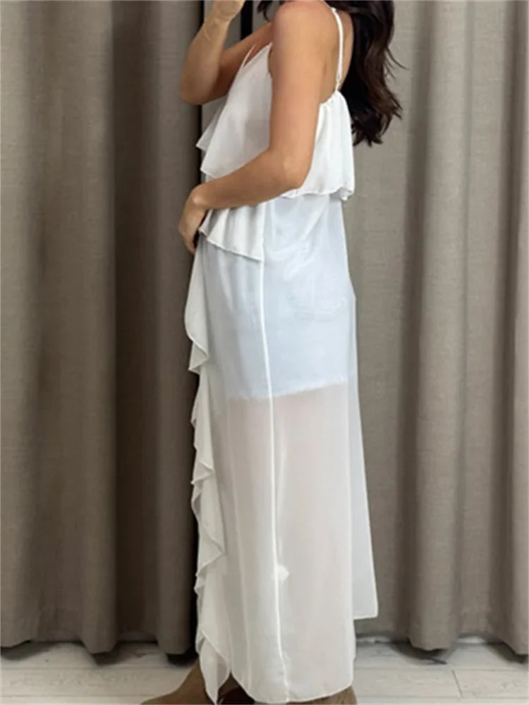 Summer Women Irregular Long Camisole Top Casual Ruffles Split V-Neck Spaghetti Straps Tank Tops Sleeveless Shirts