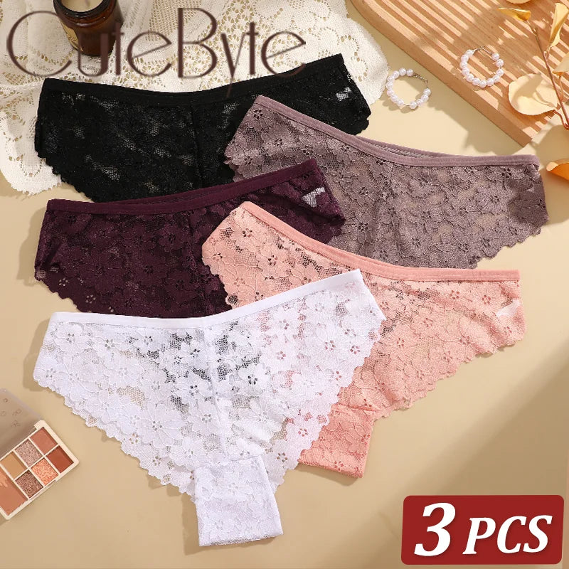 3Pcs Lace Sexy Transparent Panty Women's Panties Sexy Breathable Pink-Brown Series Underwear Female Low Waist Soild Lingerie