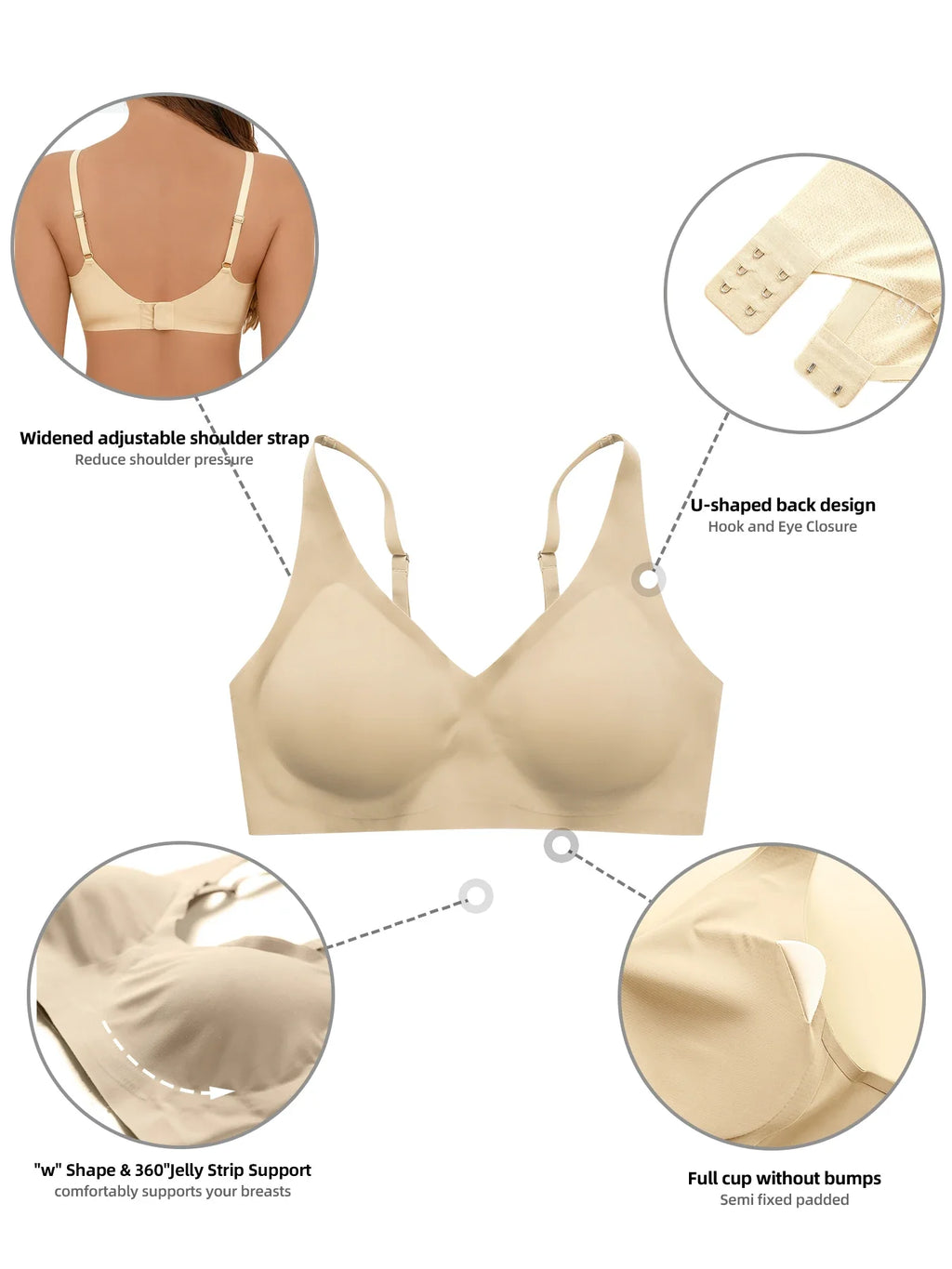 4PCS Women's Wire-Free Seamless Bras - Soft Comfort, Adjustable Straps, Non-Slip Adhesive, Removable Cups, Full-Coverage