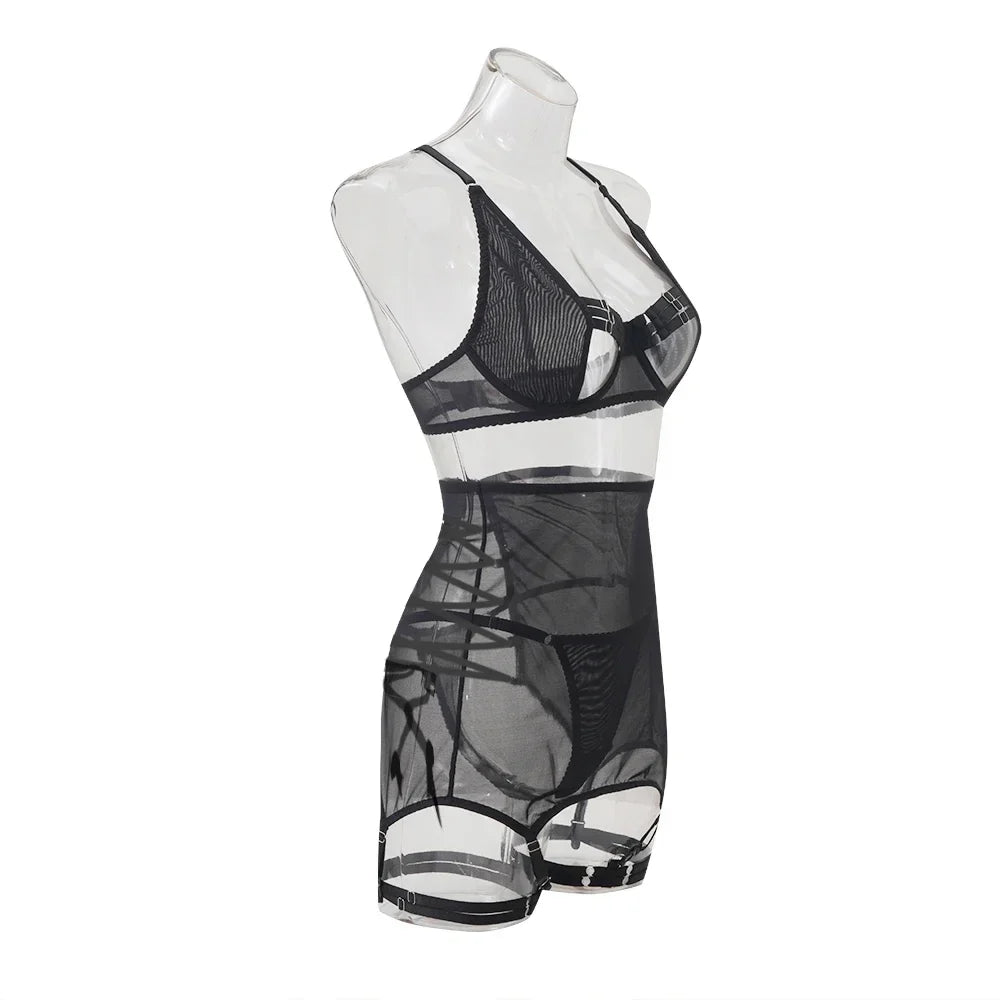 Summer new women's sexy strappy see-through mesh lingerie four-piece set Women's Pajama Lace Underwear Set Intimates 2025