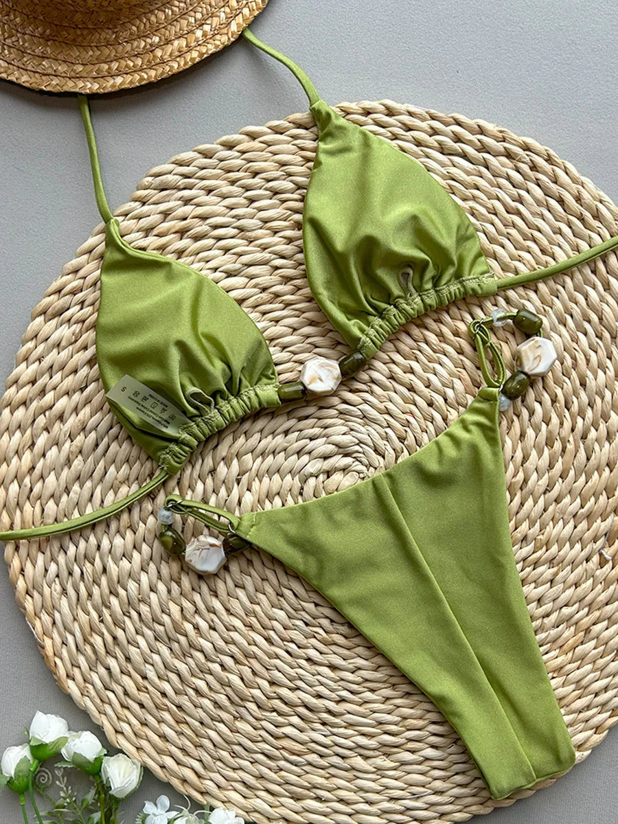 Shiny Halter High Leg Cut Beads Bikini Women Swimwear Female Swimsuit Two-pieces Bikini Set Padded Bather Bathing Suit Swim Lady